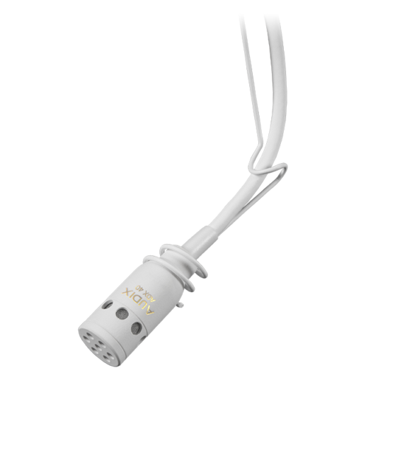Audix ADX40W Miniature hanging choir microphone. Includes 30' integral cable to mini-XLRf and hanging clip. APS910 phantom power adapter (included). Requires 9-52 V phantom power. White. 1 Audix ADX40W Miniature hanging choir microphone. Includes 30' integral cable to mini-XLRf and hanging clip. APS910 phantom power adapter (included). Requires 9-52 V phantom power. White.