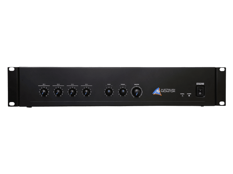 Australian Monitor ES250 Mixer Amplifier. 250W. 4 x dual balanced mic/line inputs. 100V & 4Ω outputs. 230VAC. 2RU 1 Australian Monitor ES250 Mixer Amplifier. 250W. 4 x dual balanced mic/line inputs. 100V & 4Ω outputs. 230VAC. 2RU