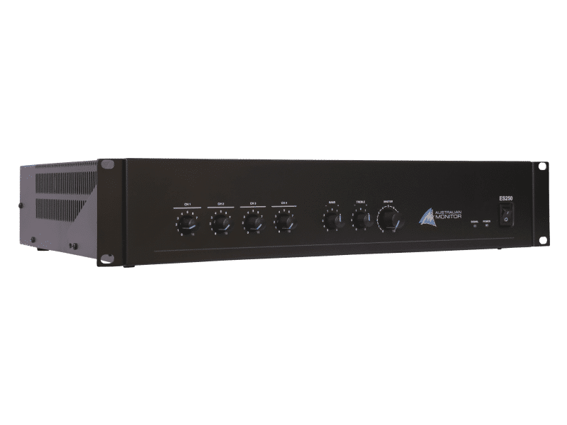 Australian Monitor ES250 Mixer Amplifier. 250W. 4 x dual balanced mic/line inputs. 100V & 4Ω outputs. 230VAC. 2RU 2 Australian Monitor ES250 Mixer Amplifier. 250W. 4 x dual balanced mic/line inputs. 100V & 4Ω outputs. 230VAC. 2RU - Billede 2