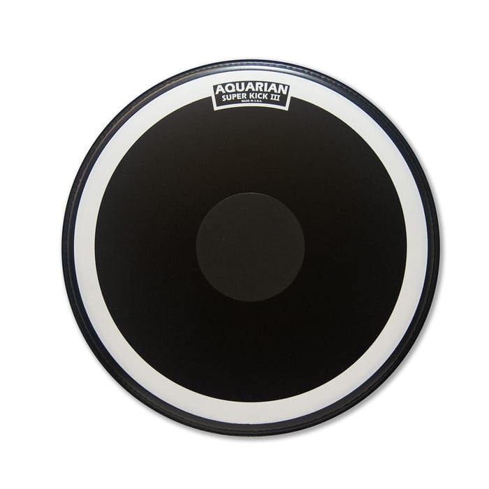 Aquarian SKIII24BK 24" Superkick III, Black Texture Coated Single Ply Bass Drumhead with SK Floating Muffle Ring and POWER DOT 1 Aquarian SKIII24BK 24" Superkick III, Black Texture Coated Single Ply Bass Drumhead with SK Floating Muffle Ring and POWER DOT