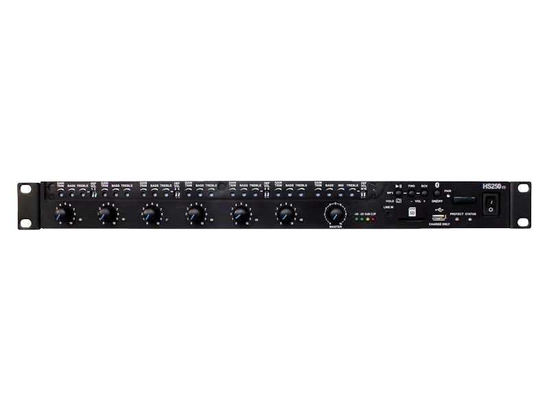 Australian Monitor HS250 250 watt mixer amplifier, class D, 1RU, 9 inputs channels,12V phantom power,bluetooth,SD card playback,100V, 70V & 4Ω outputs. 3 priority channels, standard tones on board and customisable tone generator. 2 Australian Monitor HS250 250 watt mixer amplifier, class D, 1RU, 9 inputs channels,12V phantom power,bluetooth,SD card playback,100V, 70V & 4Ω outputs. 3 priority channels, standard tones on board and customisable tone generator. - Billede 2