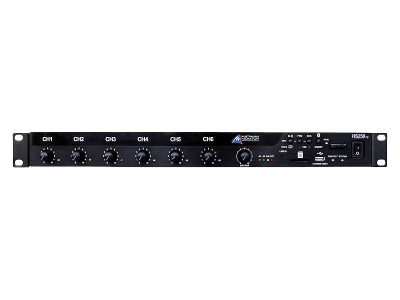 Australian Monitor HS250 250 watt mixer amplifier, class D, 1RU, 9 inputs channels,12V phantom power,bluetooth,SD card playback,100V, 70V & 4Ω outputs. 3 priority channels, standard tones on board and customisable tone generator. 1 Australian Monitor HS250 250 watt mixer amplifier, class D, 1RU, 9 inputs channels,12V phantom power,bluetooth,SD card playback,100V, 70V & 4Ω outputs. 3 priority channels, standard tones on board and customisable tone generator.
