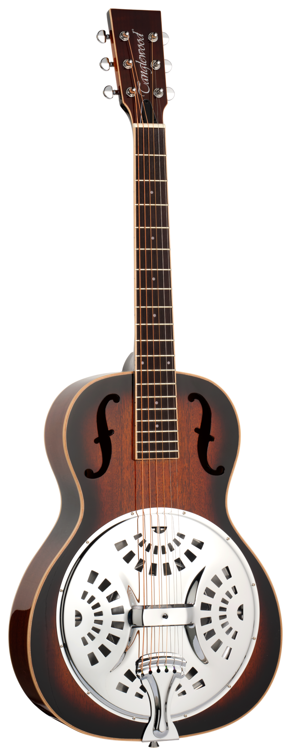 Tanglewood TUR8 Parlour Resonator, All Mahogany, Vintage Burst Gloss, with Chrome Cone. 1 Tanglewood TUR8 Parlour Resonator, All Mahogany, Vintage Burst Gloss, with Chrome Cone.