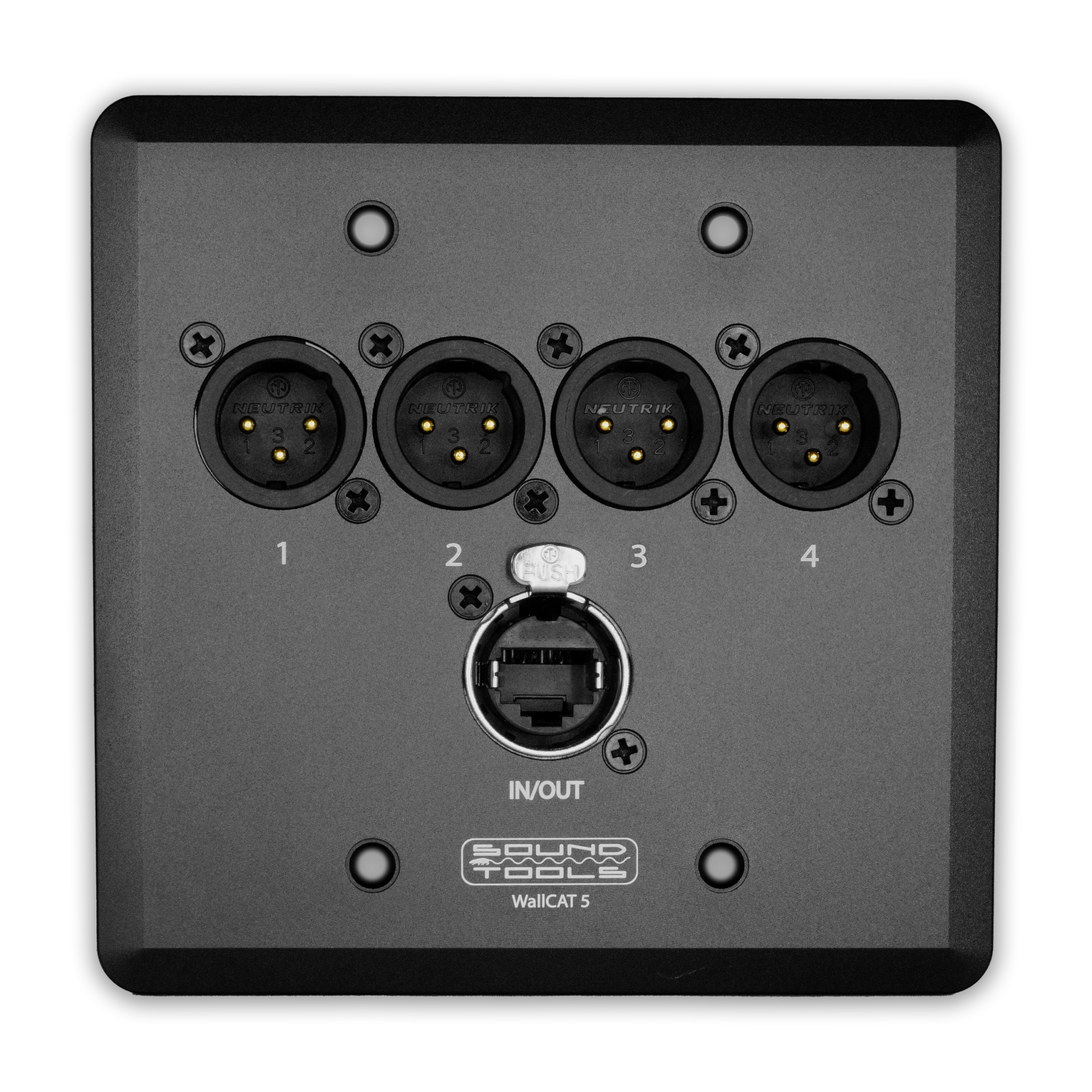 SoundTools WC511-B WallCAT 5 Male XLR Black two gang US wall panel with 4 Male XLR and 1 etherCON to 2 RJ45 1 SoundTools WC511-B WallCAT 5 Male XLR Black two gang US wall panel with 4 Male XLR and 1 etherCON to 2 RJ45