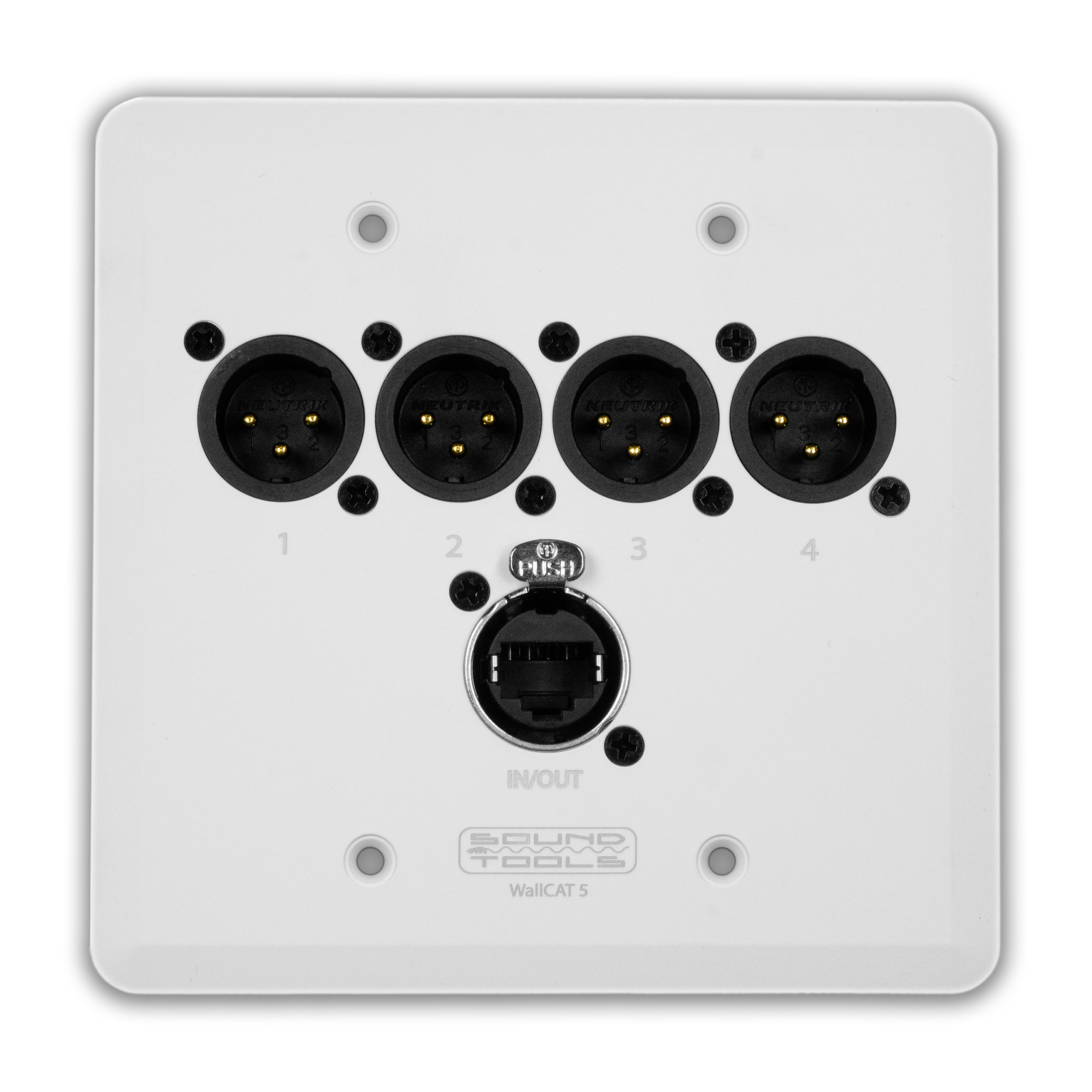 SoundTools WC511-W WallCAT 5 Male XLR White two gang US wall panel with 4 Male XLR and 1 etherCON to 2 RJ45 1 SoundTools WC511-W WallCAT 5 Male XLR White two gang US wall panel with 4 Male XLR and 1 etherCON to 2 RJ45
